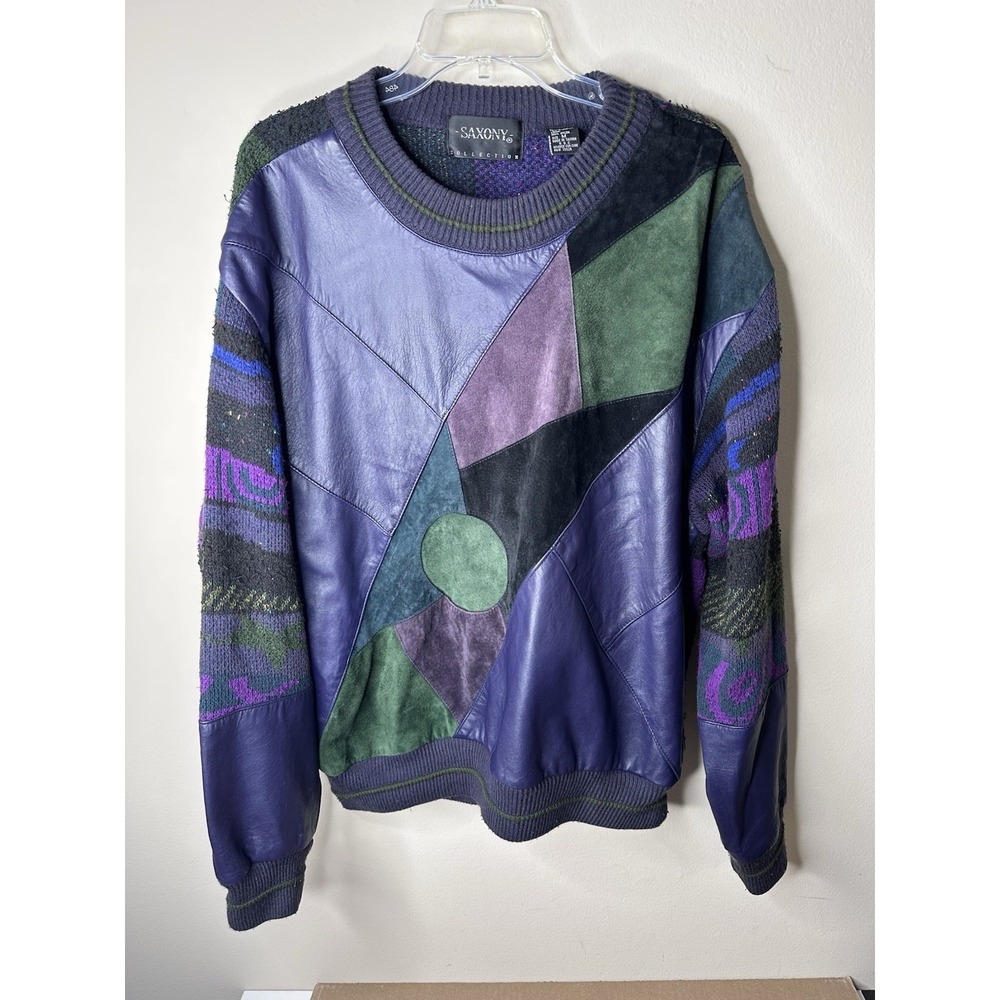 Vintage Saxony Mens Leather Sweater Jacket Patchwork 90s Multi Color Medium